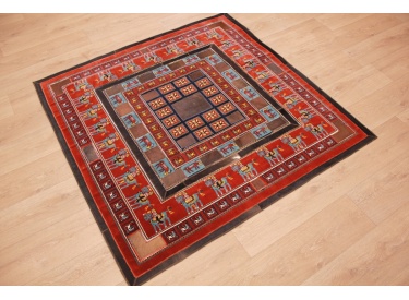 Leather carpet combination leather and carpet 147x147 cm Red
