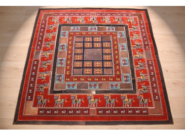 Leather carpet combination leather and carpet 147x147 cm Red