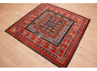 Leather carpet combination leather and carpet 147x147 cm Red