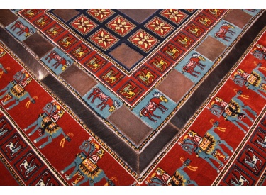 Leather carpet combination leather and carpet 147x147 cm Red