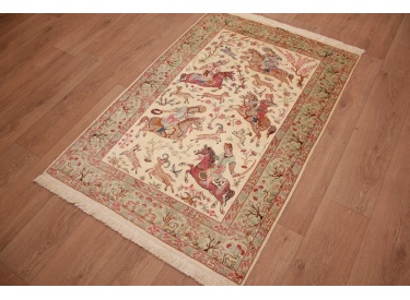 Persian carpet Gom pure Silk hunting 148x101 cm Beige