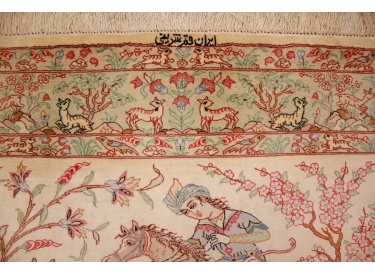 Persian carpet Gom pure Silk hunting 148x101 cm Beige