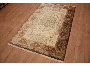 Silk persian carpet Qum rug 210x135 cm Beige