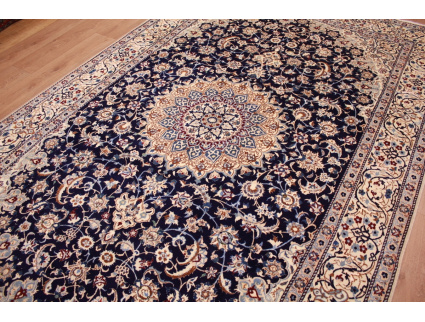 Perser Teppich Nain 9 La mit Seide 314x203 cm Blau